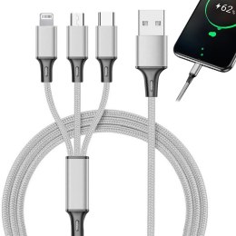 Kabel usb 3w1 do telefonu przewód lightning iphone micro usb type-c 1,2m srebrny