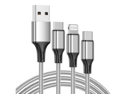 Kabel usb 3w1 do telefonu przewód lightning iphone micro usb type-c 1,2m srebrny