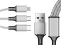 Kabel usb 3w1 do telefonu przewód lightning iphone micro usb type-c 1,2m srebrny